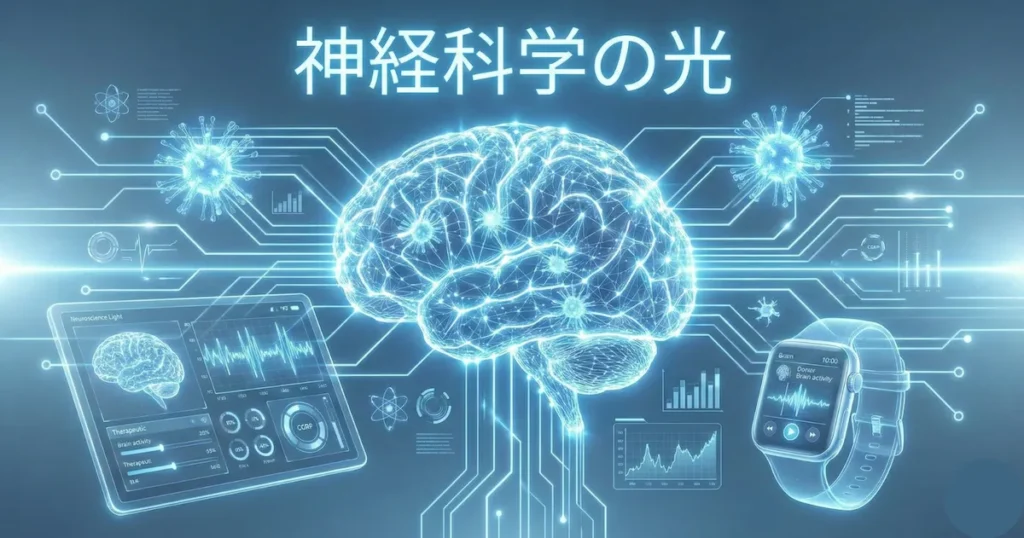 青く輝く未来的なテクノロジーのイラスト。「神経科学の光」というタイトルが上部に表示されている。中心には、複雑な回路とネットワークで構成された発光する人間の脳のワイヤーフレームがある。脳の周囲には、受容体や神経伝達物質を示す分子構造が浮かび、データストリームで接続されている。左側のタブレット端末と右側のスマートウォッチには、脳波や生体データがホログラフィックに表示されており、デジタルデバイスを用いた脳の健康管理や未来の治療を表現している。全体が青い光とデジタルエフェクトで満たされた、クリーンでハイテクな雰囲気の画像。