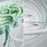 左右に分割された構図。左側には、脳が淡い緑色に発光している半透明な人間の頭部プロファイルが描かれ、右側には「めまい」や「回る世界」を象徴する、グレーと白の抽象的な渦巻状のラインが重なり合っています。