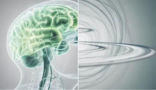 左右に分割された構図。左側には、脳が淡い緑色に発光している半透明な人間の頭部プロファイルが描かれ、右側には「めまい」や「回る世界」を象徴する、グレーと白の抽象的な渦巻状のラインが重なり合っています。