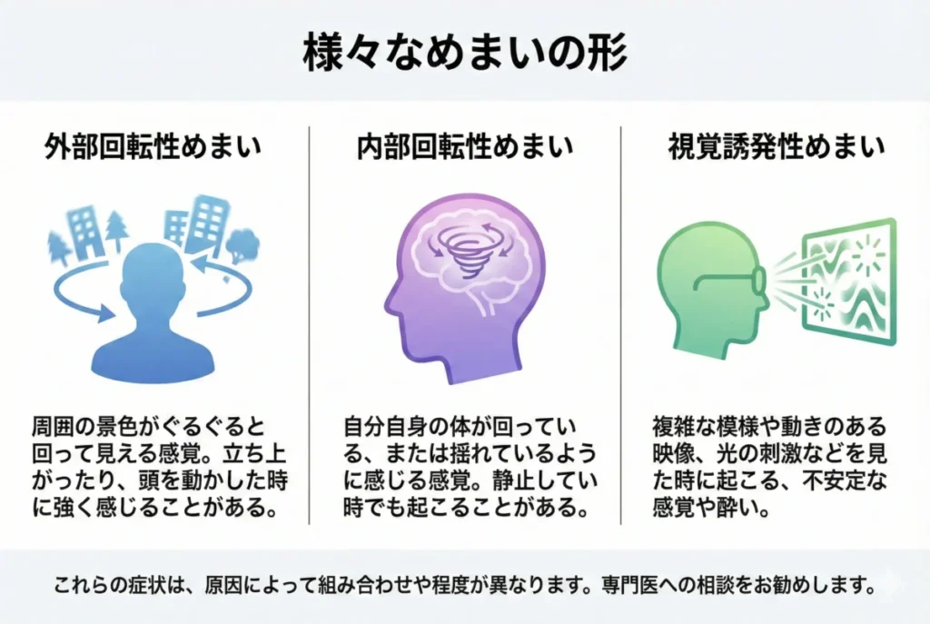 「様々なめまいの形」と題された比較パネルの画像です。3つの列に分かれており、それぞれ異なる種類のめまいがアイコンと説明文で解説されています。
左の列は「外部回転性めまい」。アイコンは、人物のシルエットの周りを建物や木のイラストがぐるぐると回っている様子を示しています。説明文には「周囲の景色がぐるぐると回って見える感覚。立ち上がったり、頭を動かした時に強く感じることがある。」と書かれています。
中央の列は「内部回転性めまい」。アイコンは、人間の頭部の断面図で、脳の内部に渦巻き状の矢印が描かれており、内部が回転していることを示唆しています。説明文には「自分自身の体が回っている、または揺れているように感じる感覚。静止している時でも起こることがある。」とあります。
右の列は「視覚誘発性めまい」。アイコンは、眼鏡をかけた人物が、複雑な波模様や光のパターンが映し出されたスクリーンを見ている様子です。説明文には「複雑な模様や動きのある映像、光の刺激などを見た時に起こる、不安定な感覚や酔い。」と記されています。
画像の下部には、「これらの症状は、原因によって組み合わせや程度が異なります。専門医への相談をお勧めします。」という注意書きがあります。